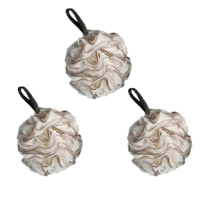 boule bain éponge nettoyage douce maille fine fluffy moderne rose clair vert anneaux noirs