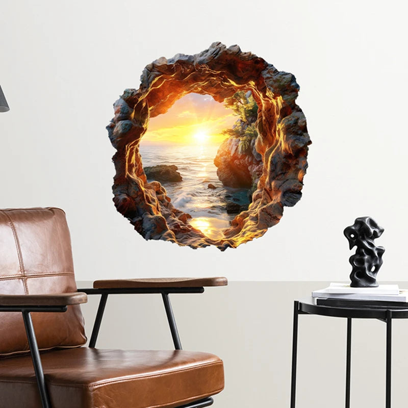 autocollants murals paysage marin coucher soleil rochers eau vague adhésifs chambre décoration réaliste 3d