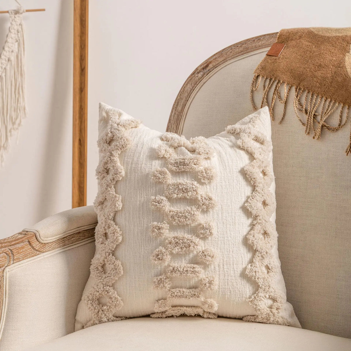 taies d'oreiller géométriques polyester non toxique boho chic fixations beige texturées maison hospitalière