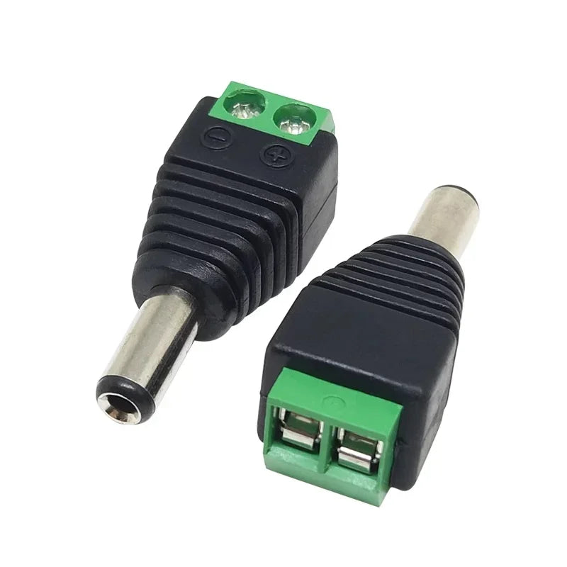 connecteur dc noir vert texturé industriel 5.5mm 2.1mm 2.5mm basse tension fixations visées surveillance