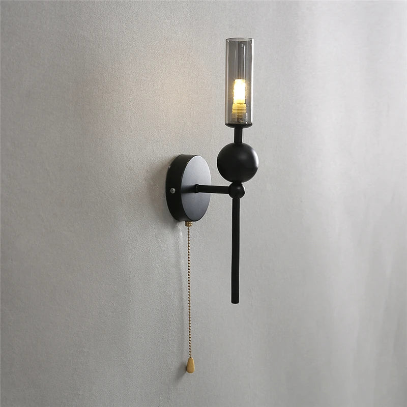 lampe murale moderne or noir sphères métalliques tube verre translucide pull chain switch fixée