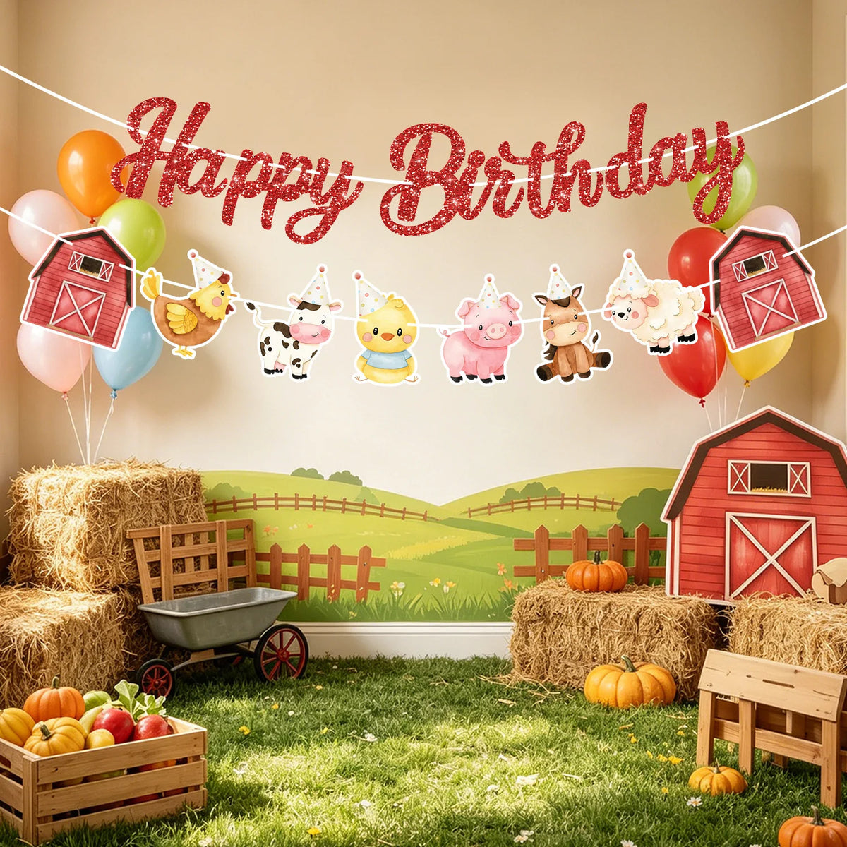 guirlande fête animaux ferme rouge blanc happy birthday poulets vaches grange