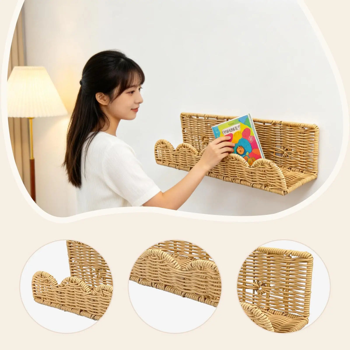 panier mural tressé beige rustique adhésif fixe organisation murale décoration boho chambre enfant