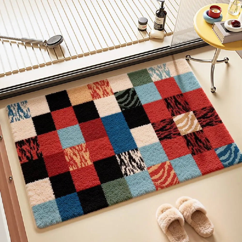 tapis bleu moderne carreaux géométriques résistant saleté imperméable entrée maison