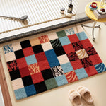 tapis bleu moderne carreaux géométriques résistant saleté imperméable entrée maison