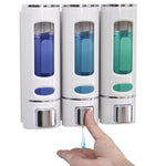 distributeur savon liquide moderne blanc gris bleu vert transparent vis fixations salle bain