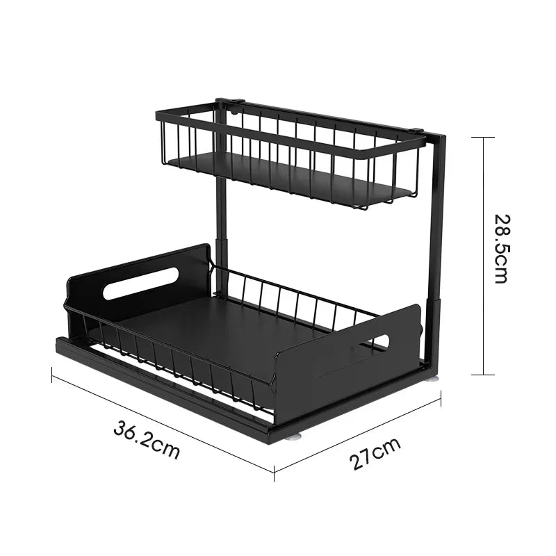 étagère rangement noir grille métallique moderne adhésive deux niveaux paniers latéraux cuisine salle bain
