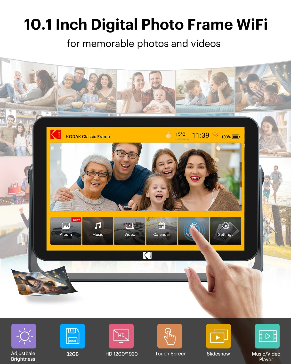 Cadre photo numérique FHD affichant des photos de famille