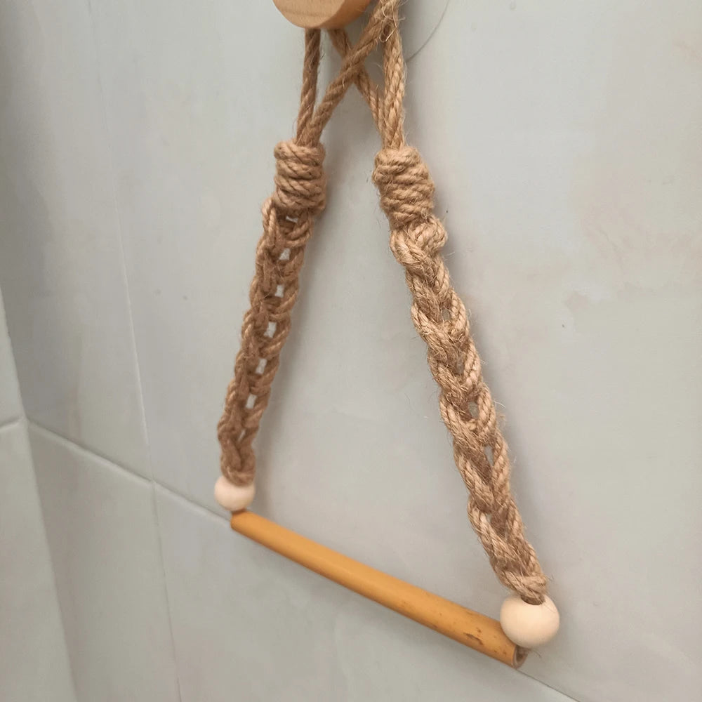 porte papier toilette bohème bois clair beige corde fixations murales rustique 25cm 15cm