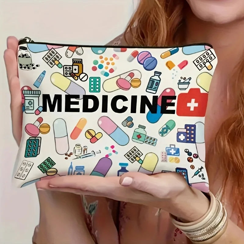Sac maquillage moderne motif médicaments fermeture éclair blanc multicolore grand espace intérieur