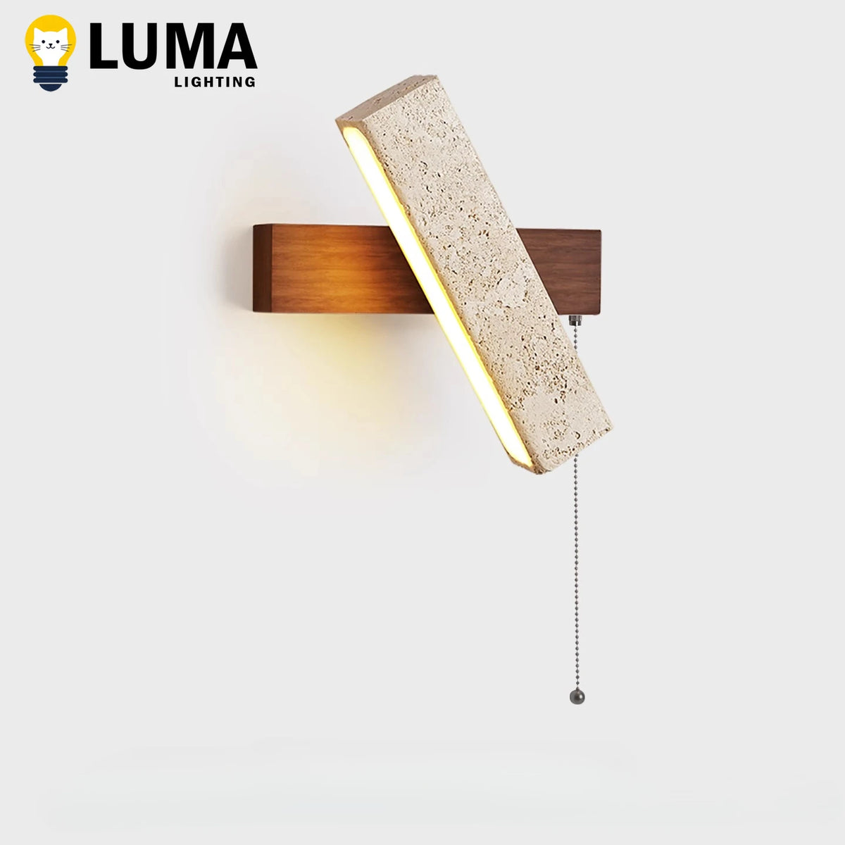 lampe murale led moderne minimaliste pierre bois marron clair interrupteur texture granitique