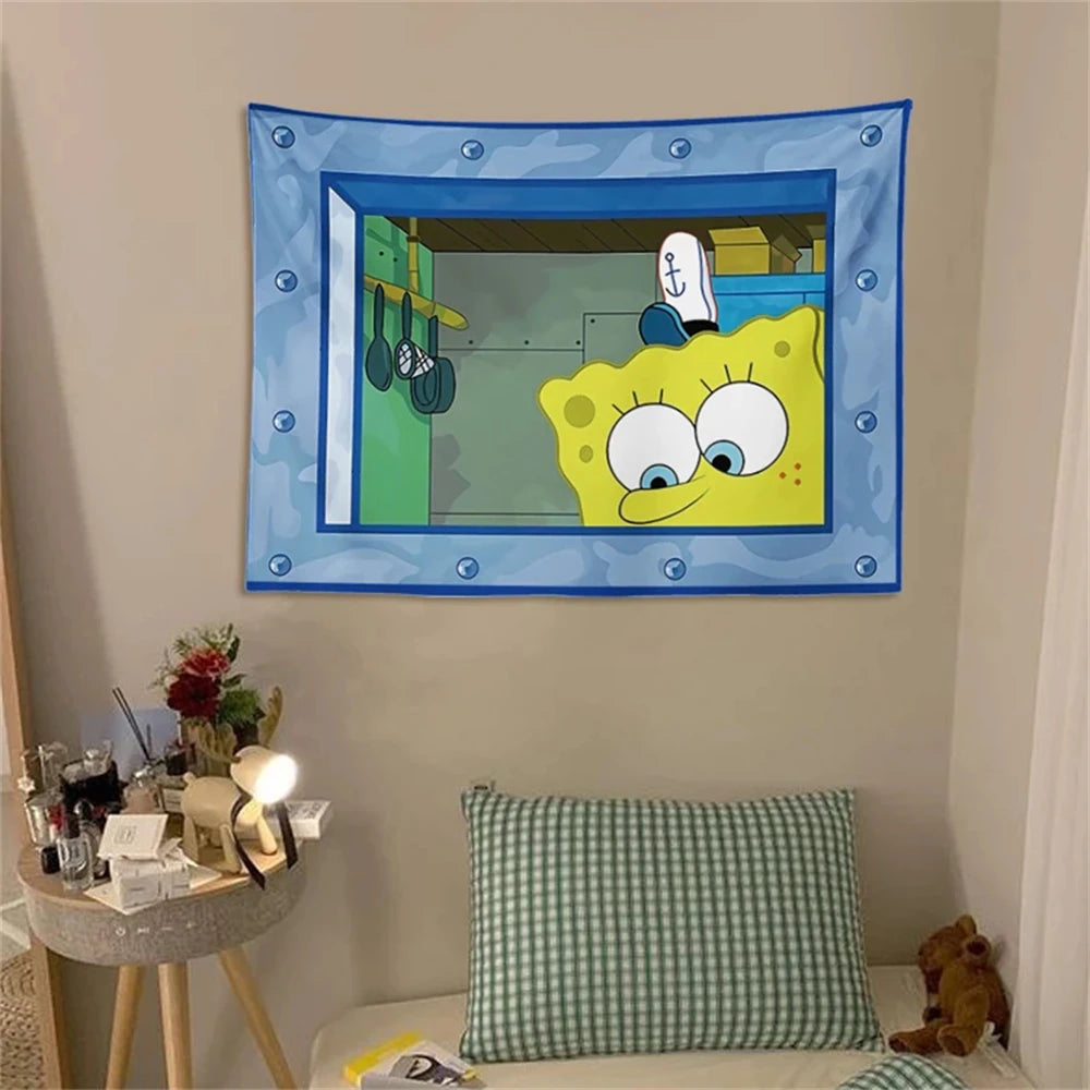 tapisserie bob l'éponge personnages dessin animé bleu vert rose clips decoratif chambre enfant