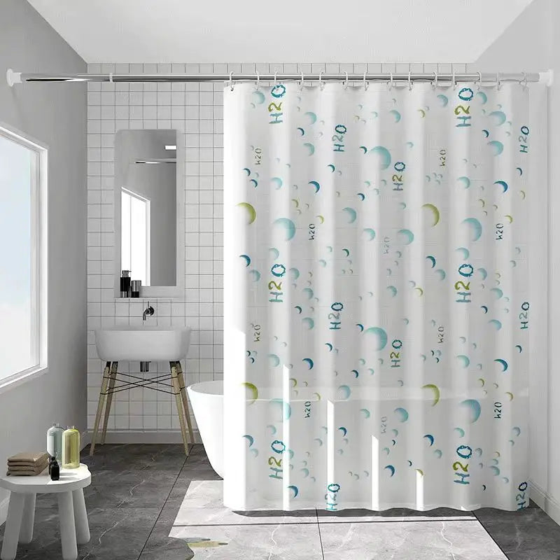 rideau douche moderne blanc bleu vert jaune motifs h2o bulles savon pvc opaques anneaux