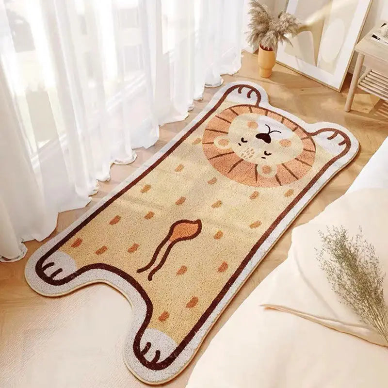 Un tapis en forme de lion mignon et décoratif, avec un design amusant et des couleurs chaudes, qui ajoute une touche de douceur et de charme à l'espace.