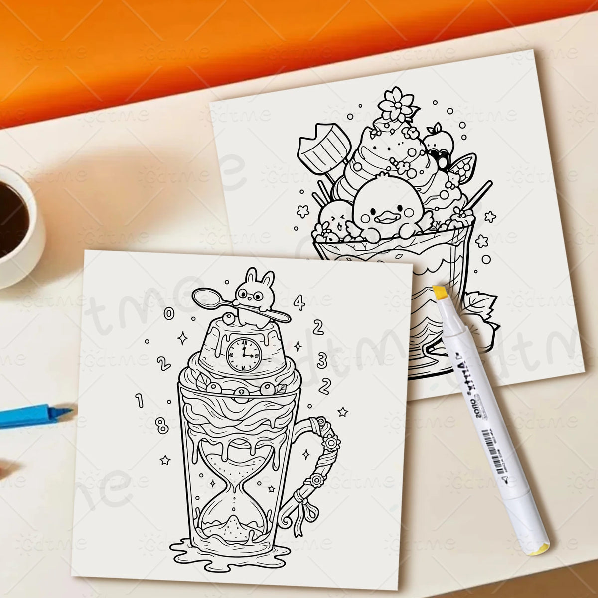 livre coloriage adultes dessins animés kawaii desserts animaux fleurs papier opaque crayons feutres gommes