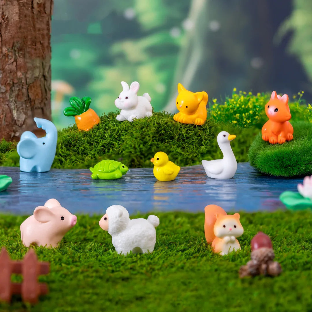 figurines animaux miniatures decoration maison poupée jardin féerique cartoon orange gris vert blanc rose