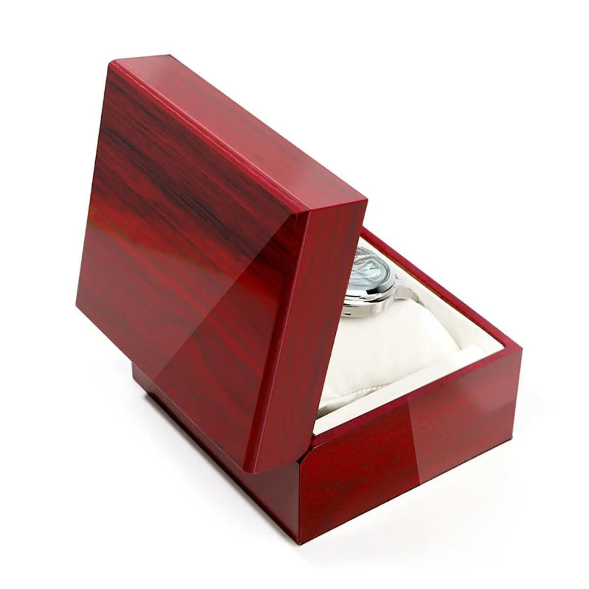 boîte rangement montre bois rouge velours blanc compartiment unique protection élégante sophistiquée sécurité decoration