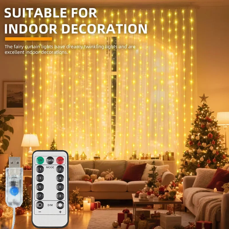 rideau lumineux dorées blanc translucide moderne usb adaptateur clignotement festiveDecoration