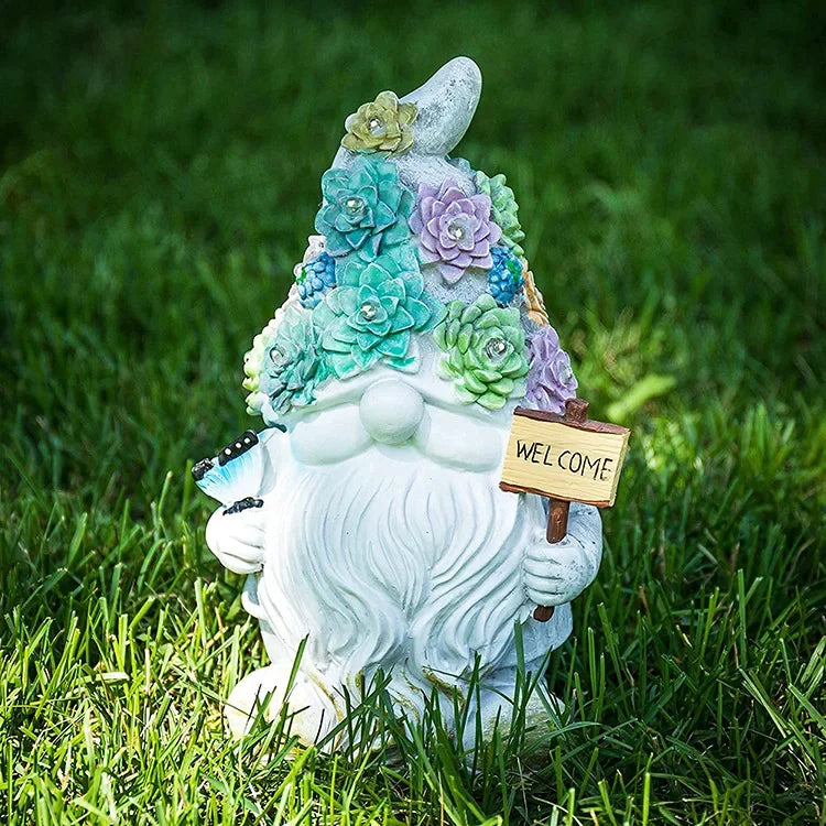statue gnome jardin extérieur led solaire bienvenue animaux fleurs motifs floraux verte lumineuse