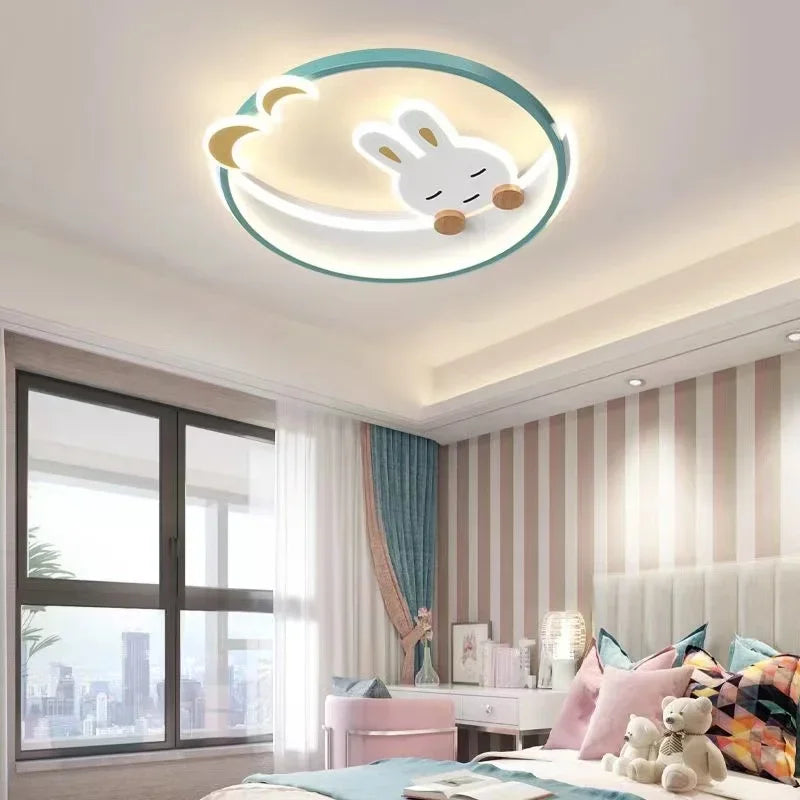 lampe moderne enfantine dessin animé lapin rose blanc yeux fermés oreilles pointues