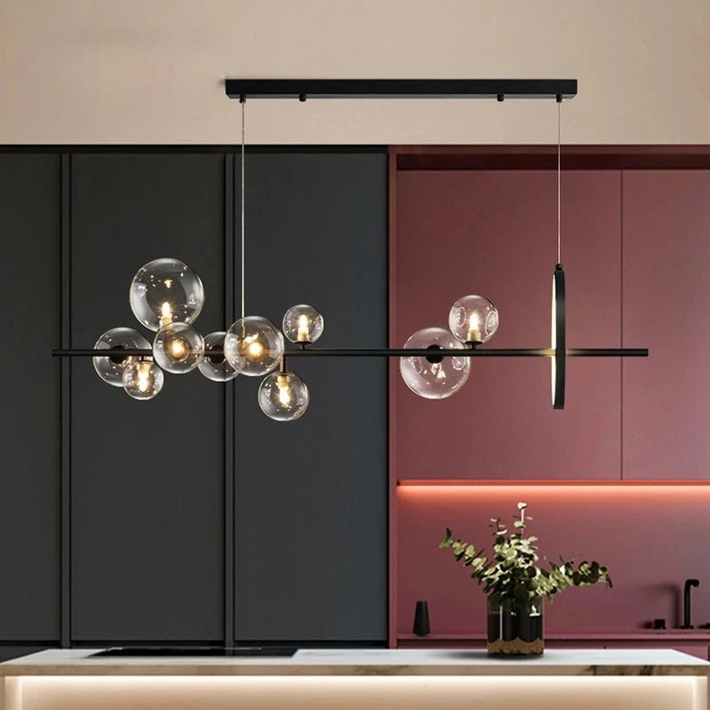 suspension lumineuse moderne noir boules transparentes scandinave chaînes suspendues interrupteur poussoir lumière salon cuisine