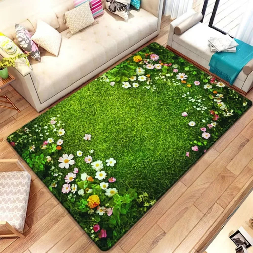tapis moderne herbe verte fleurs colorées salon facile nettoyer polyester polypropylène