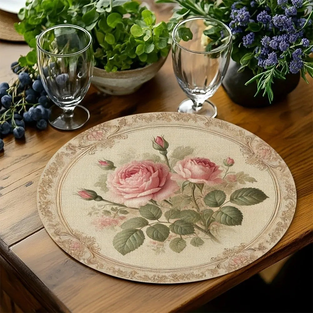 placemat classique fleuri rose beige oiseaux motifs floraux bordure décorative table vintage