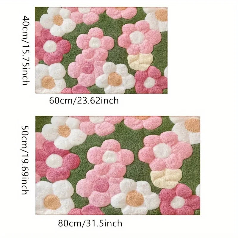 tapis fleurs relief moderne vert rose blanc salle bain entrée non glissant machine lavable