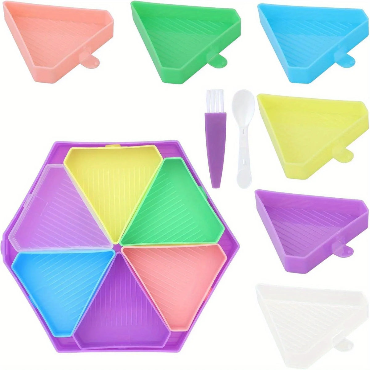 boîte brosse cuillère triangles motifs géométriques violet vert bleu rose moderne pratique
