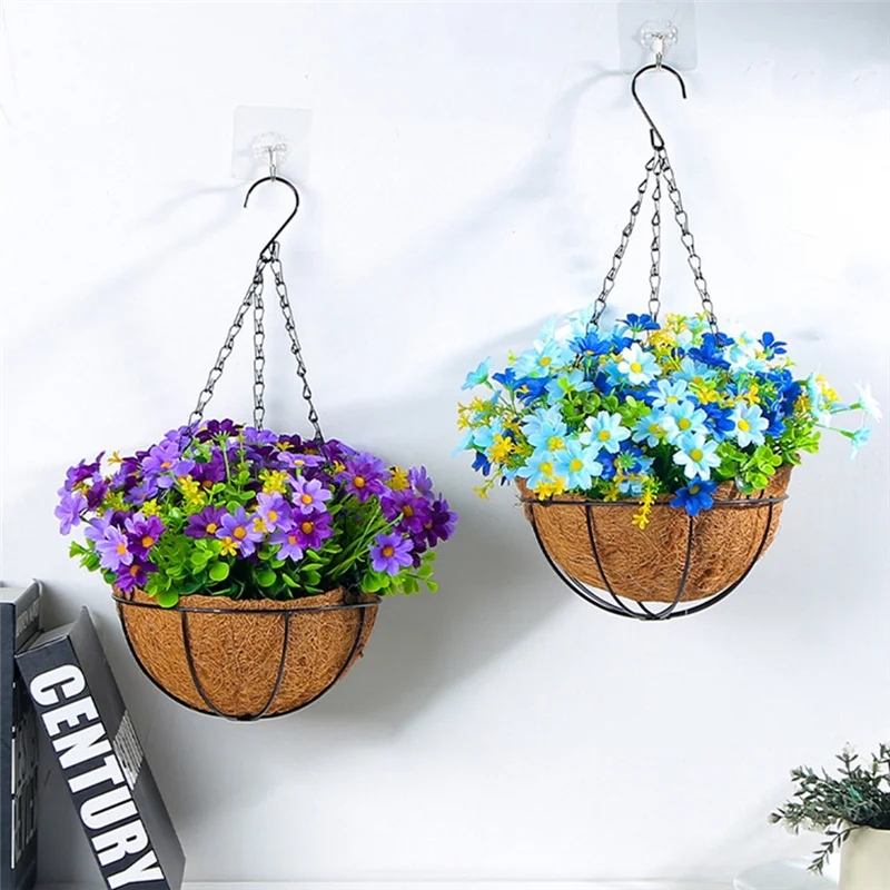 paniers suspendus fleurs artificielles jaunes violet bleu rouge blanc vert fibres naturelles patio jardinintérieur