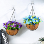 paniers suspendus fleurs artificielles jaunes violet bleu rouge blanc vert fibres naturelles patio jardinintérieur