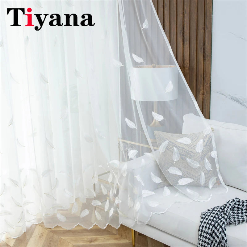 rideau blanc brodé feuilles transparent moderne fenêtre balcon décoration chambre polyester