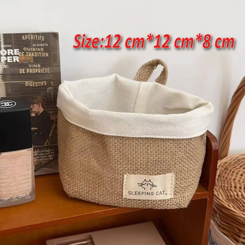 panier toile jute motif chat blanc beige rustique rangement décoration