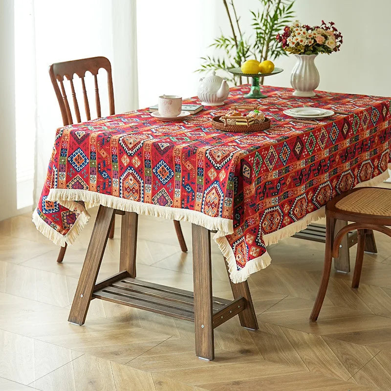 nappe imprimée florale oiseaux blanc rouge table dîner fête decoration table classicreuse machine été