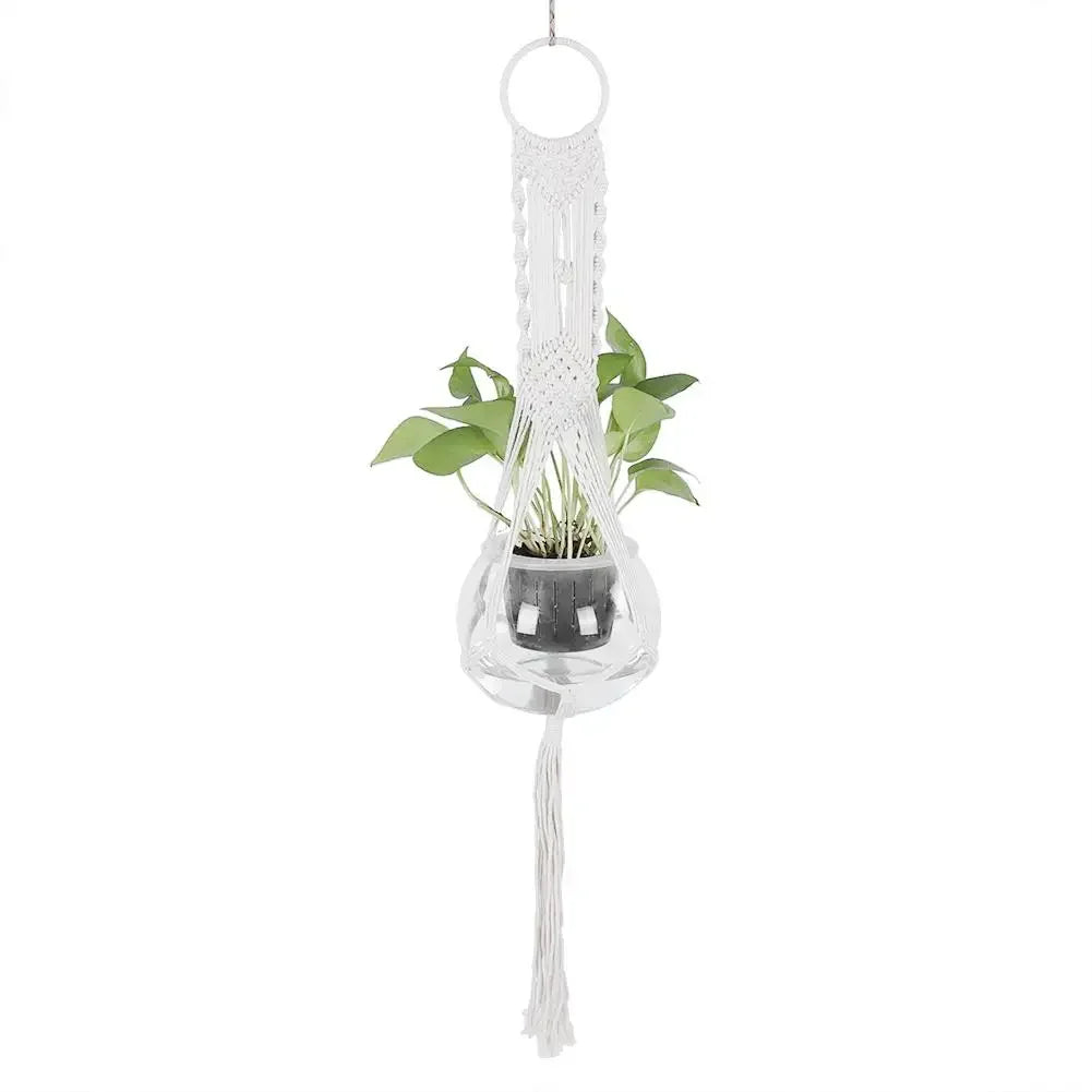 Support plante suspendue macramé blanc artisanal pot transparent