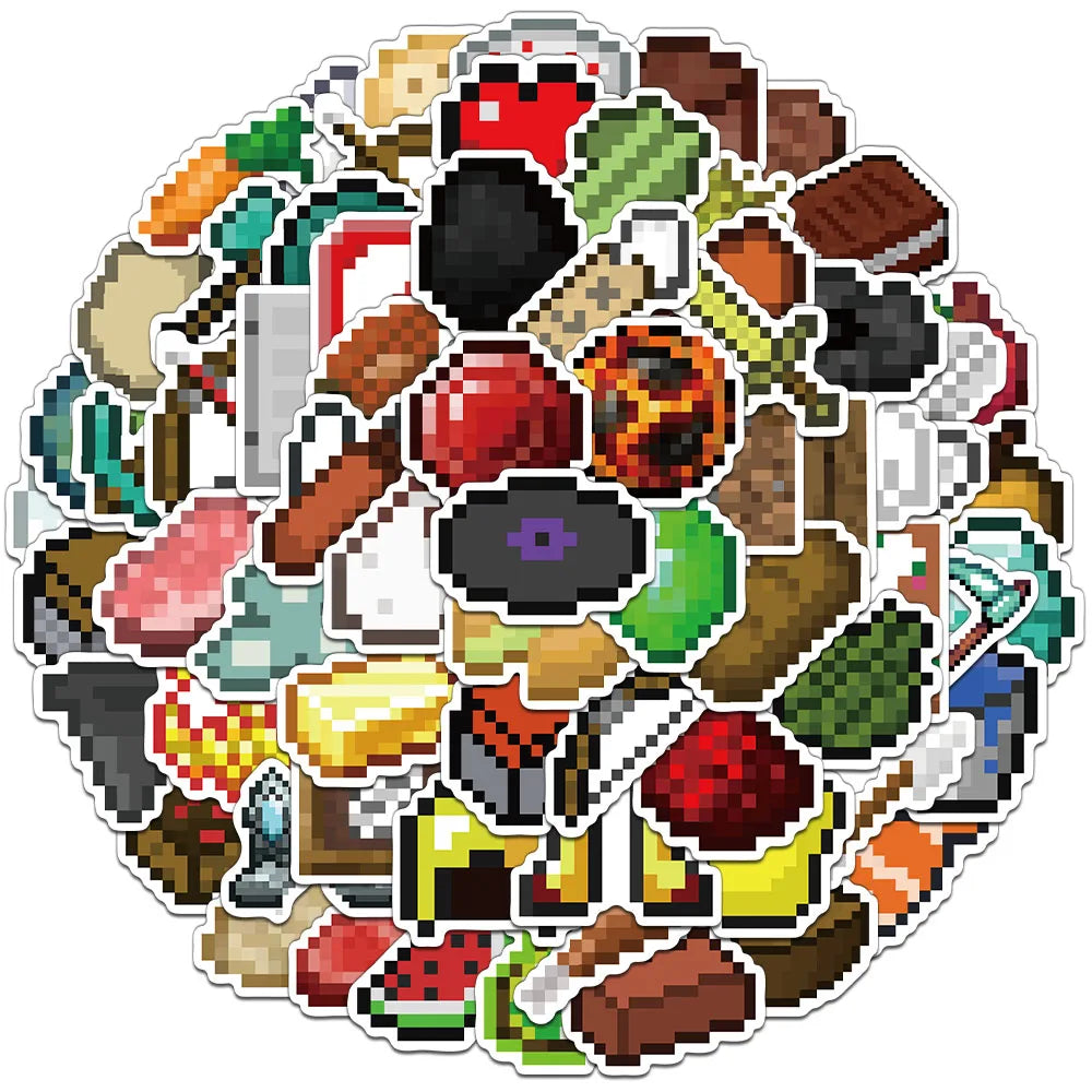 sticker pixel art minecraft objets creatures adhésifs collection 70 pièces variées