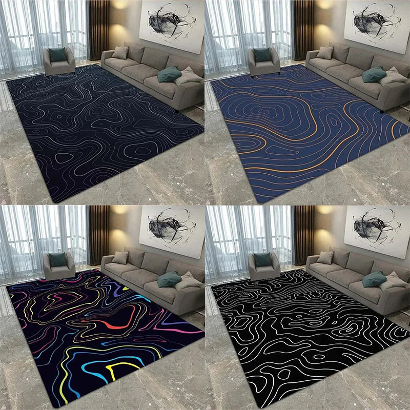 tapis salon moderne motif lignes ondulées bleu marine noir blanc décoratif intérieur maison