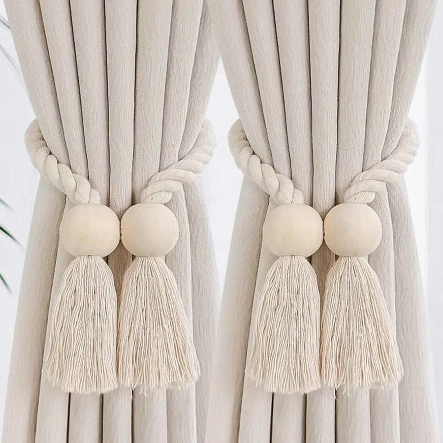 rideau boho chic ruban tissé chanvre beige clair pompon bois doux