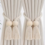 rideau boho chic ruban tissé chanvre beige clair pompon bois doux