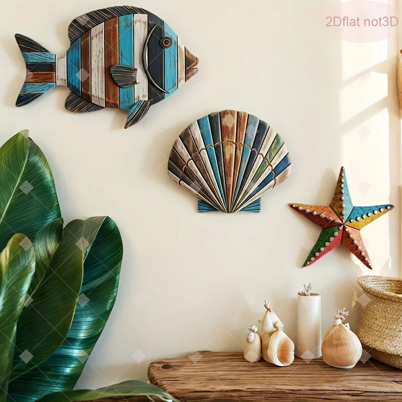 décorations murales poissons coquille étoile mer bleu brun noir motifs rayures pois géométriques artisanal