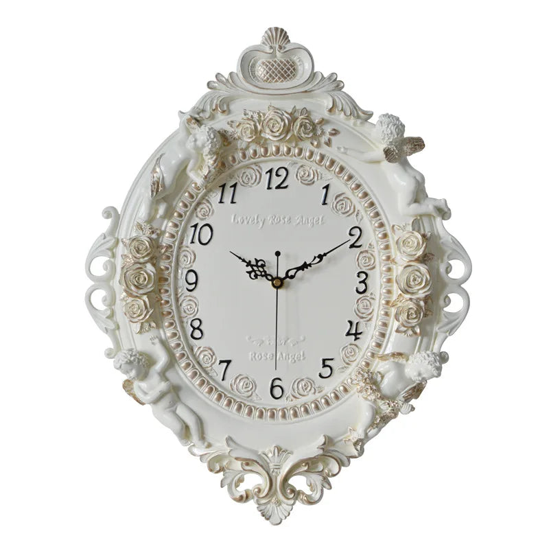 horloge murale baroque motif floral angelique blanc salon decoration aiguille quartz résine unique