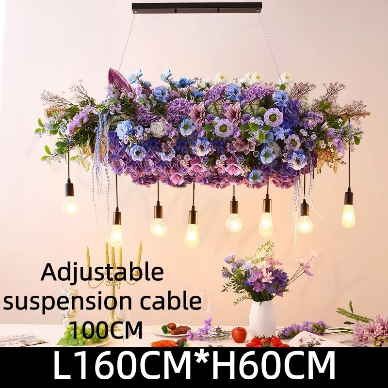 suspension lumineuse moderne violet fleurs artificielles chaîne noire led guirlande interrupteur tactile 2000lm