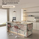 îlot cuisine moderne pierre marbrée blanc gris rectangle décoration élégante maison