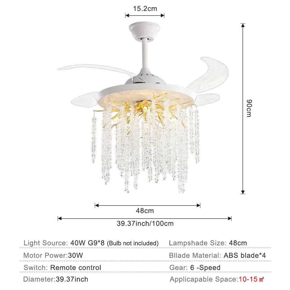 ventilateur moderne cristaux argenté lumières télécommande led chromé invisible