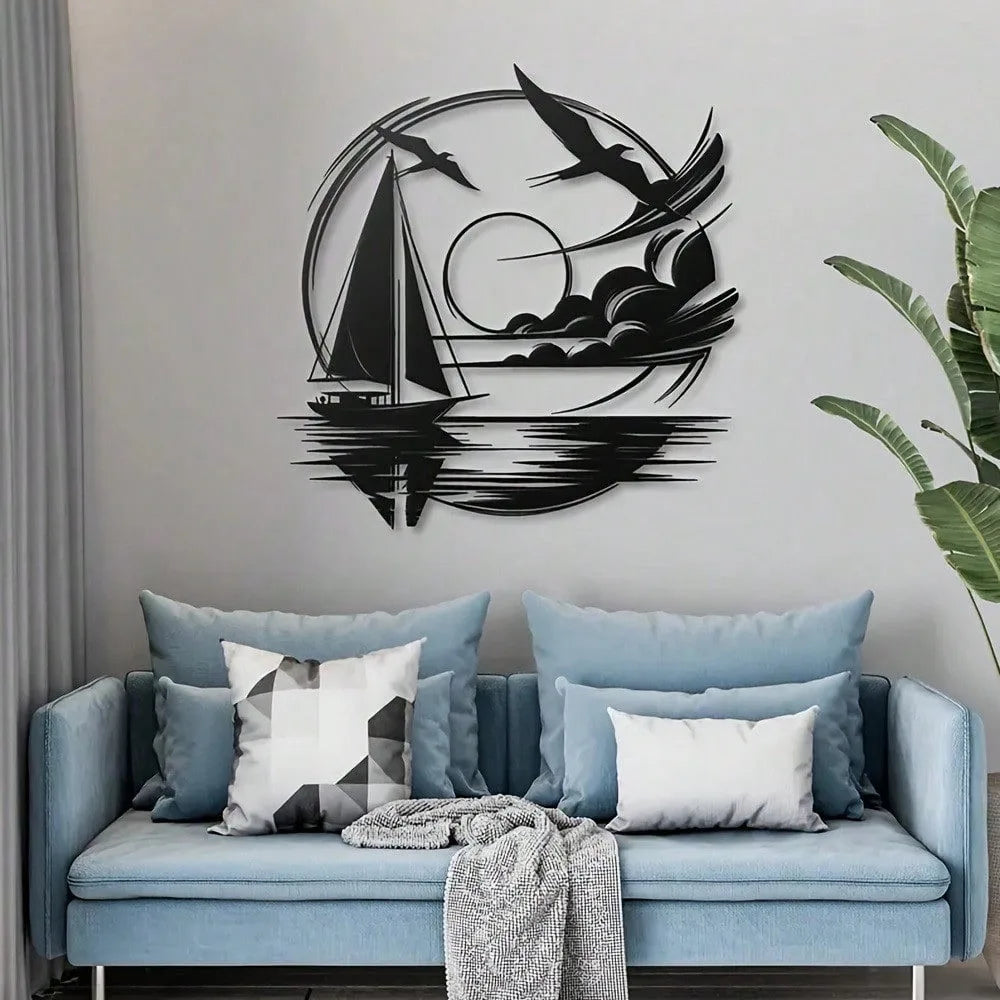 décoration murale art marin bateau voile oiseaux vague soleil noir moderne