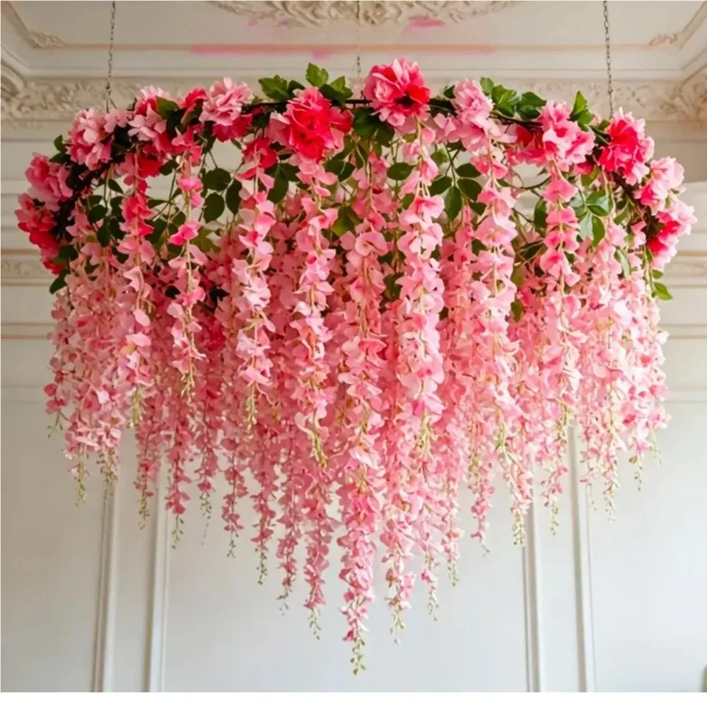 guirlande fleurs artificielles blanc rose feuilles décoration extérieure chaînes clips fixations