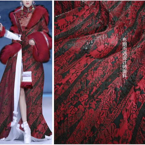 tissu brodé floral rouge noir artisanal opaque tissu brocart polyester or artisanal