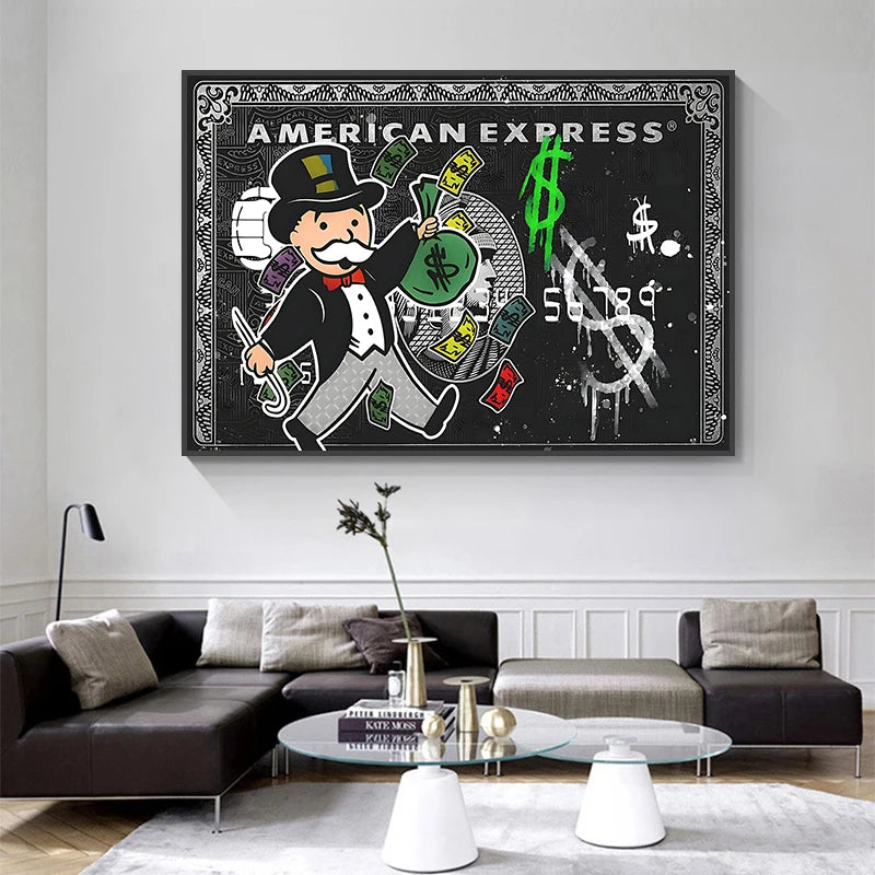 toile d'art impression graffiti pop argent rouge dollars monopoly sans cadre decoration mur chambre