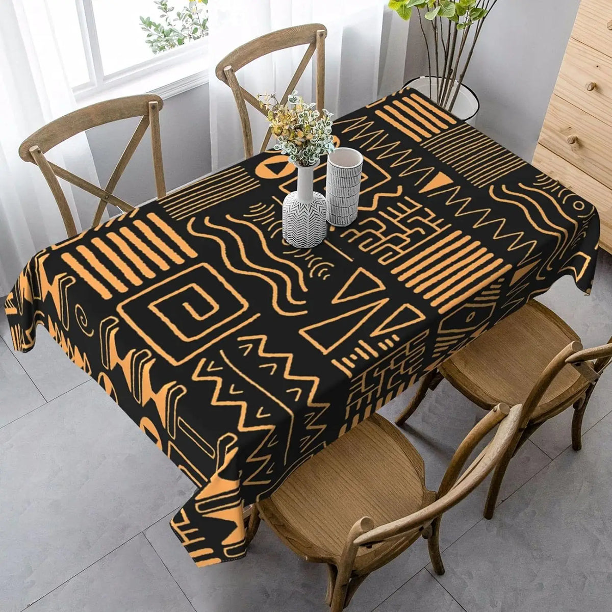 nappe rectangulaire géométrique moderne noire orange réutilisable polyester table manger festive vacances