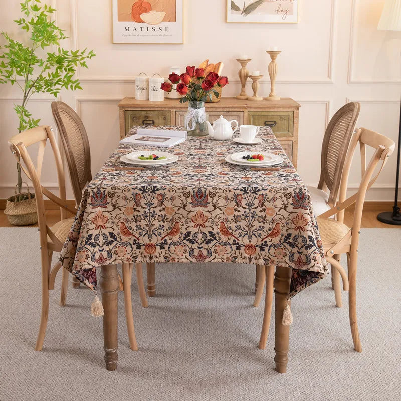 nappe rectangulaire polyester floral oiseaux beige marron rouge bleu classique tassel salon